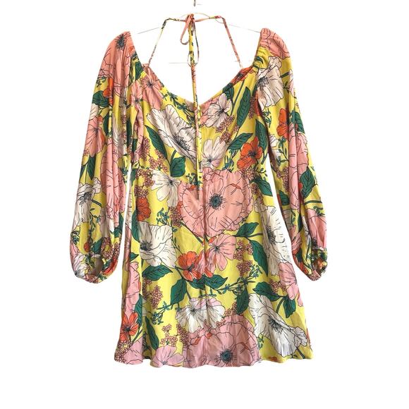 AFRM Dolly Mini Dress Spring Lime Bouquet Floral Cutout Off Shoulder L - Picture 6 of 10